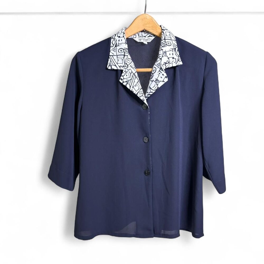 Vintage Tung Tai Women's Navy Blue Button Down Blouse with Artsy Collar